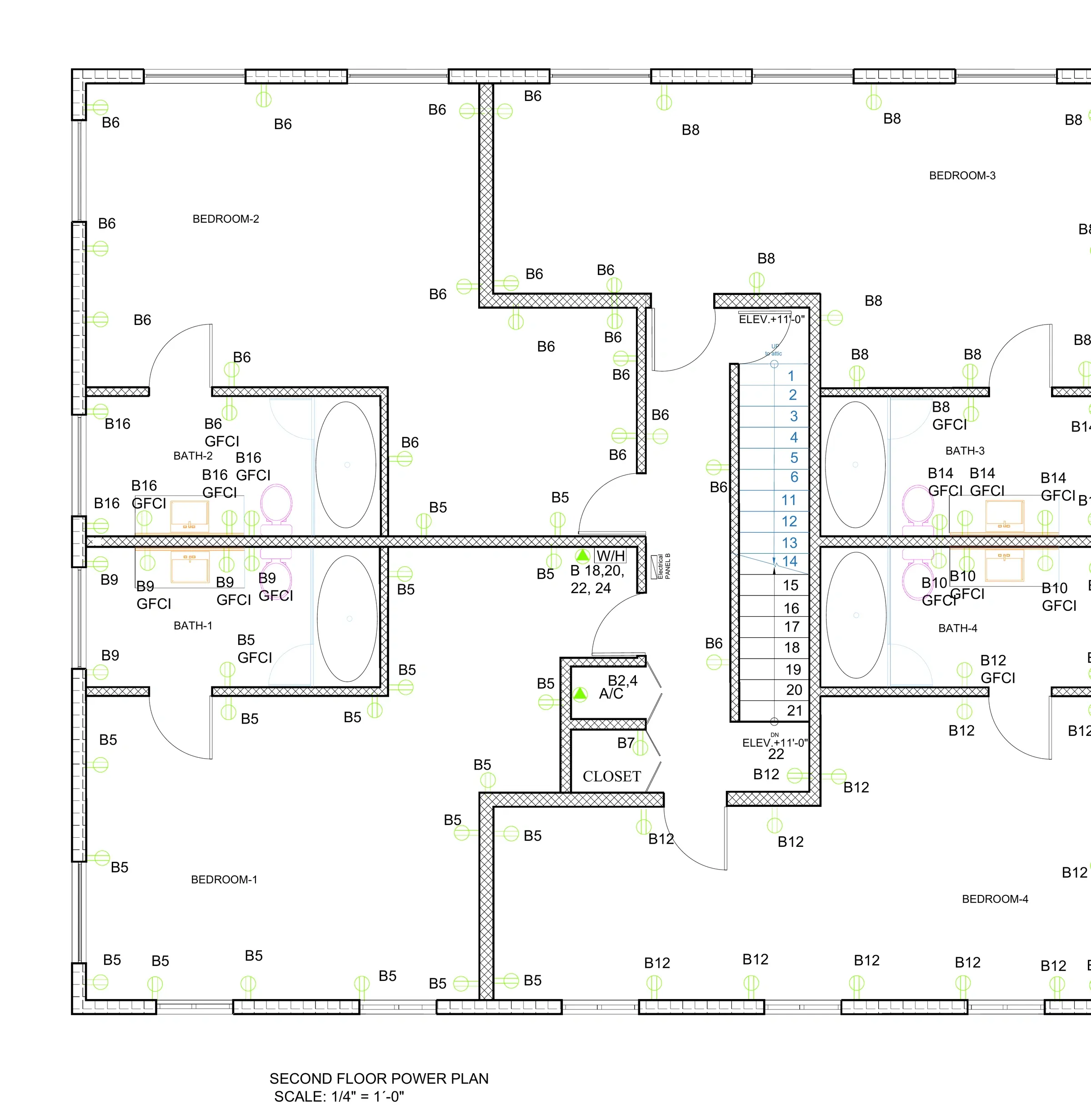 Second-floor residential electrical power plan